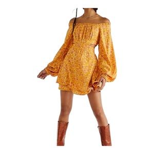 Free People Yellow Jael Cutout Lone Sleeve Mini Dress size L